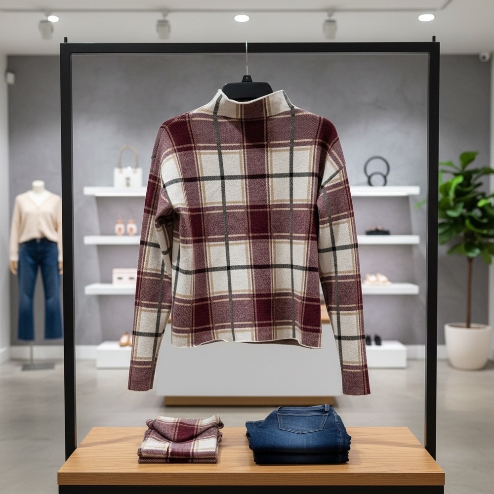 Tahari Burgundy and Cream Plaid Turtleneck Sweater